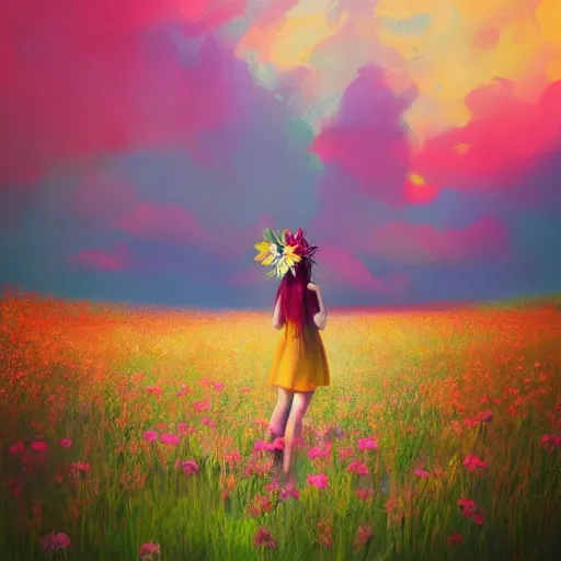 Image similar to girl with a flower head, surreal photography, dream, standing in flower field, magical, in a valley, sunrise dramatic light, impressionist painting, colorful clouds, artstation, simon stalenhag