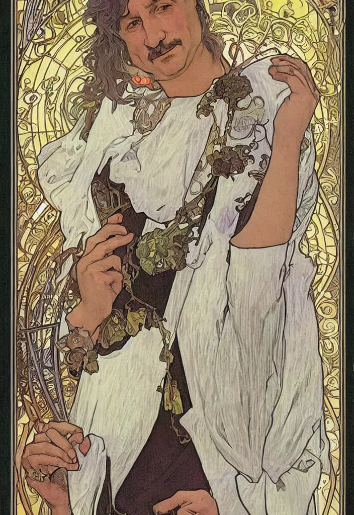 Image similar to realistic white - haired geoffrey hinton on a tarot card, tarot in art style by alphonse mucha