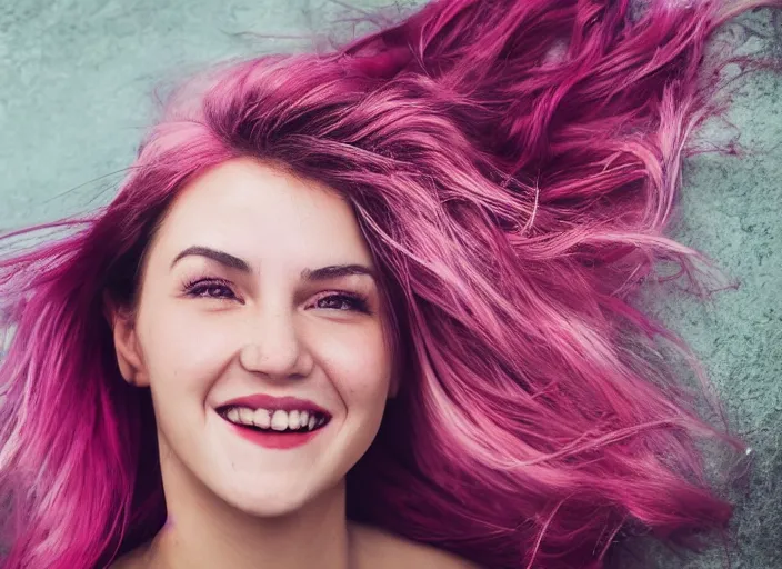 Prompt: portrait photography, the most beautiful woman in the world, in the style of Julia Razumova, beautiful, happy expression, cheery, 8k, closeup headshot, smooth, trending on 500px, pink hair