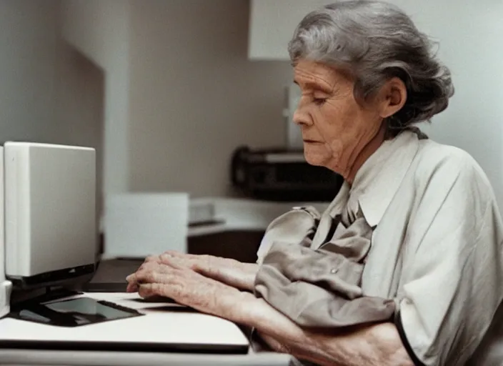 Image similar to film still of an elderly woman on fire using a desktop computer 1 9 9 8, 8 k