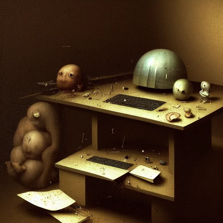 Image similar to still life of abandoned computer by hieronymus bosch, wide shot, soft glow bloom lucid dream - like ethereal atmosphere, baroque portrait painting, perfect composition, beautiful intricate detailed octane render trending on artstation, 8 k artistic photography, volumetric cinematic perfect light, chiaroscuro, masterpiece, raphael, caravaggio, rutkowski, beeple, beksinski