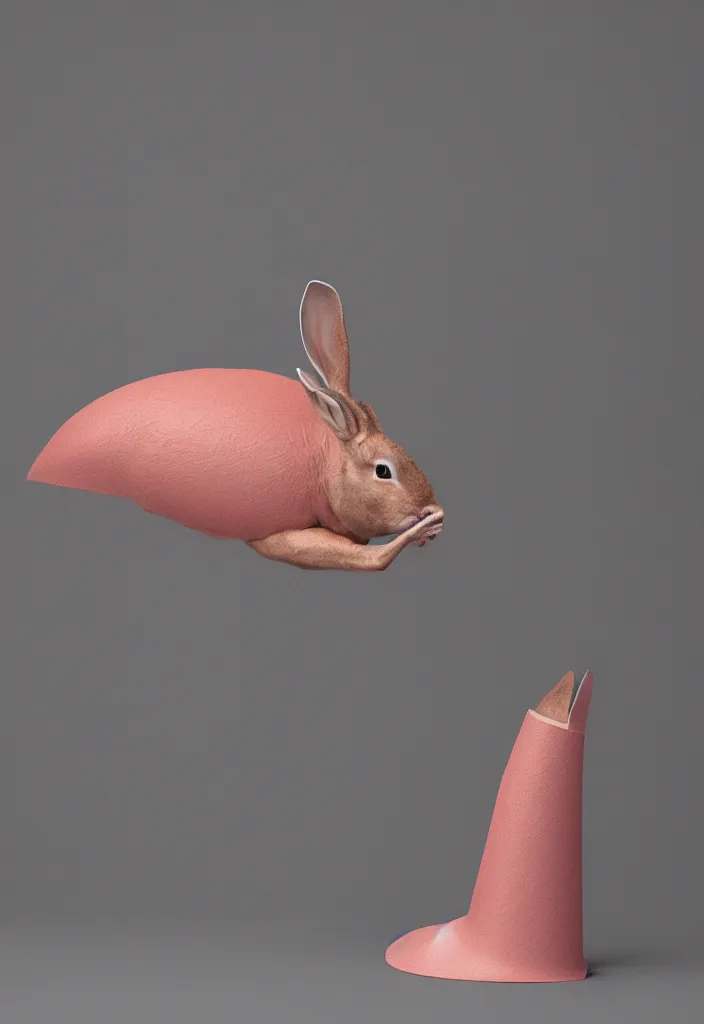 Image similar to wild rabbit, blue whale, delicate pale pink guts, antlers ,wax sculpture of a traffic cone, sharp slate. complementary color scheme. 8k, rendered in octane, smooth gradients