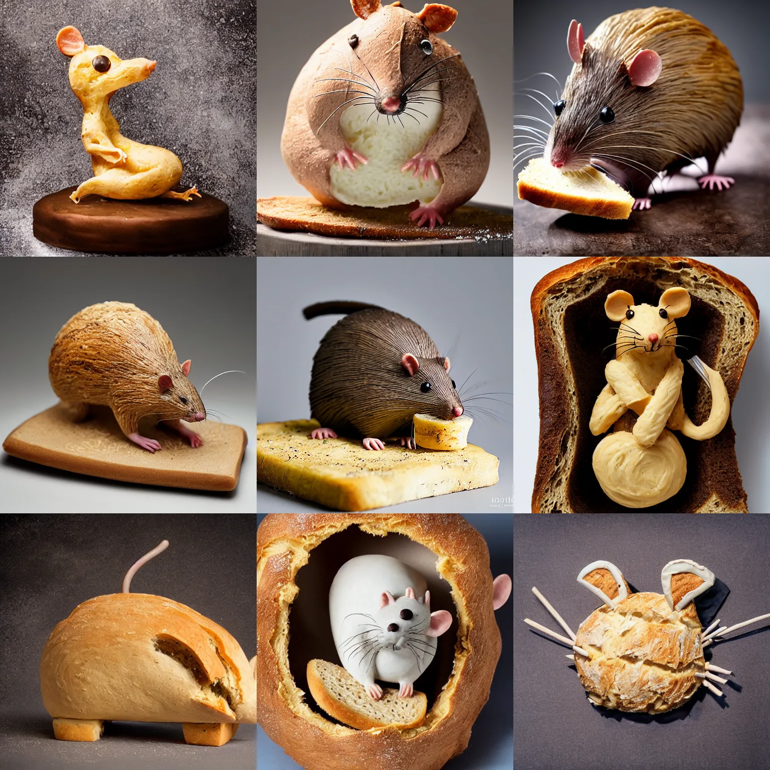 Prompt: an edible rat!!! sculpture made entirely out of ( ( ( bread ) ) ), food photography, studio lighting, delicious