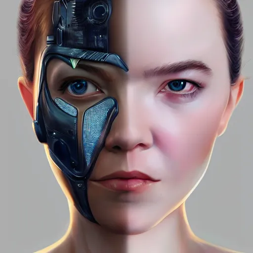 Prompt: portrait of a cyborg Anya Taylor-Joy wearing an Ikeuchi mask by Artgerm, biomechanical, hyper detailled, trending on artstation