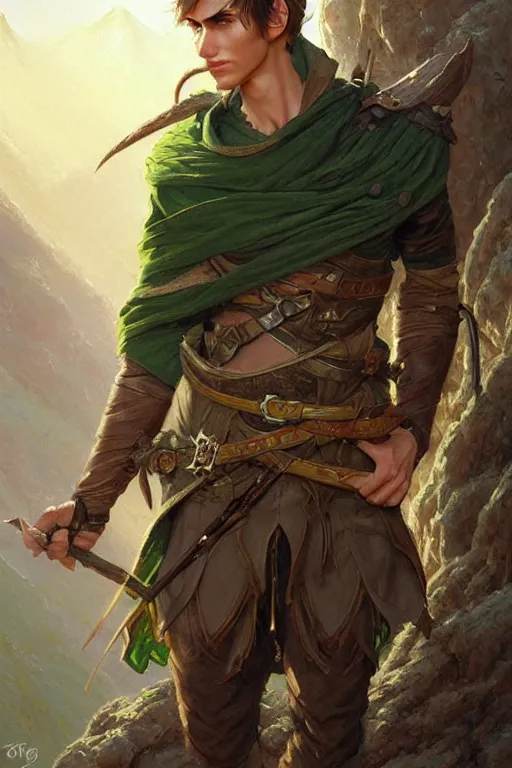 Prompt: beautiful oil painting with high detail of a young attractive male wood-elf ranger with yellowish skin, and dark green and brown hair from dungeons and dragons in the desert by artgerm and greg rutkowski and thomas kinkade