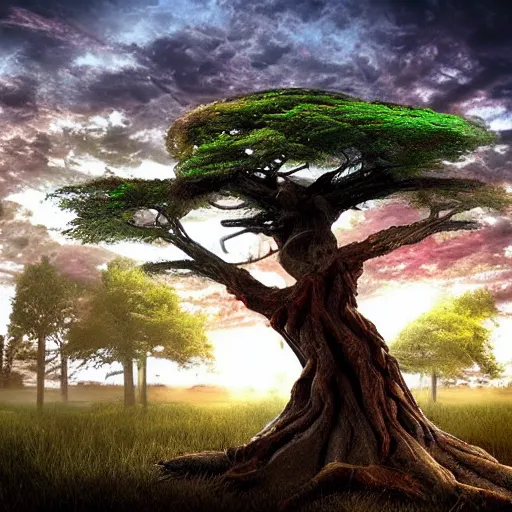 Image similar to horrific, spectacular tree in a thickly vegetated forest, fantasy, dreamlike sunraise, ultra realistic