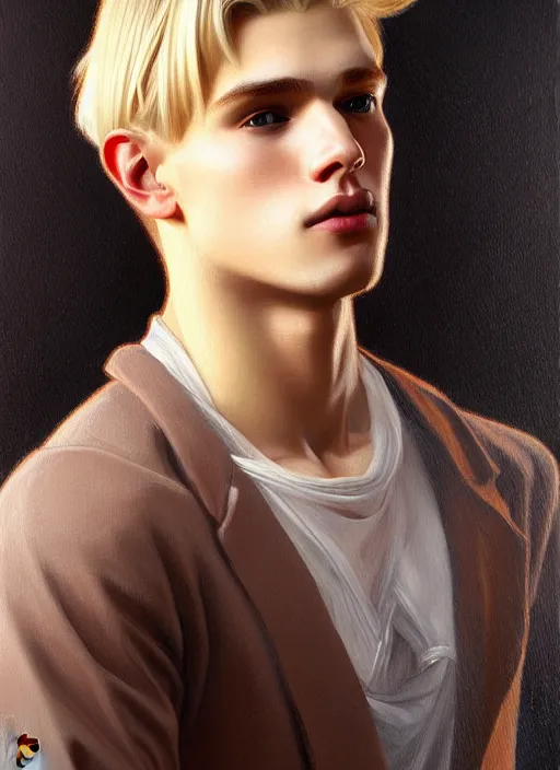 Image similar to young man with ash blond hair, oil painting, intricate, elegant, highly detailed, lighting, painting, artstation, smooth, illustration, art by greg rutowski and alphonse mucha