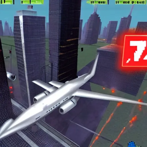 Image similar to a screenshot from the video game super 9 / 1 1, in which players control planes and intend to hit as many towers as possible