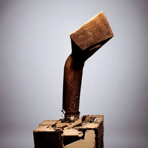 Image similar to studio photography of a wooden hammer smashing into a smashed ancient idol statue getting hammered into pieces, cracked, destroyed, dramatic lighting