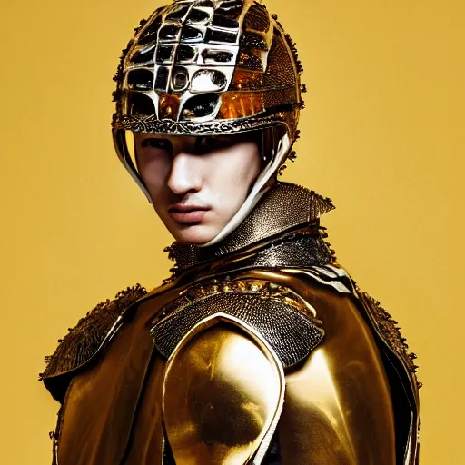 Image similar to a portrait of a beautiful young male wearing an alexander mcqueen armor made of honey , photographed by andrew thomas huang, artistic