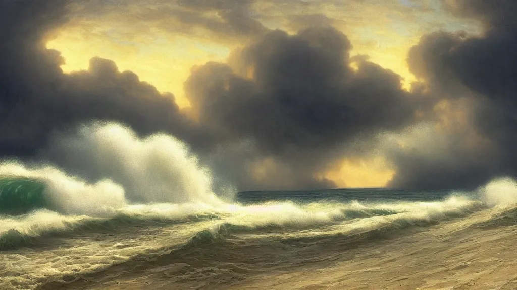 Prompt: first person view of breaking waves on the shore, summer, during a thunderstorm, raining, sea breeze rises in the air, by andreas rocha and john howe, and Martin Johnson Heade, featured on artstation, featured on behance, golden ratio, ultrawide angle, f32, well composed