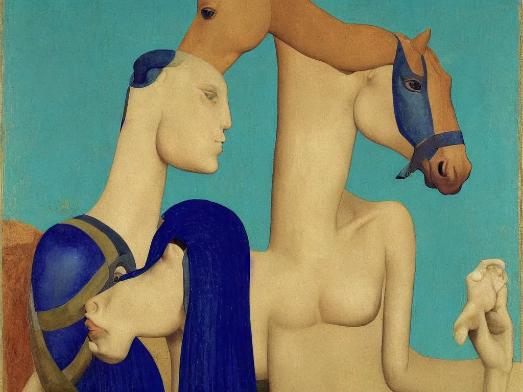 Image similar to portrait of woman with horse head. lapis lazuli, malachite, turqouise, gold. painting by piero della francesca, balthus, agnes pelton