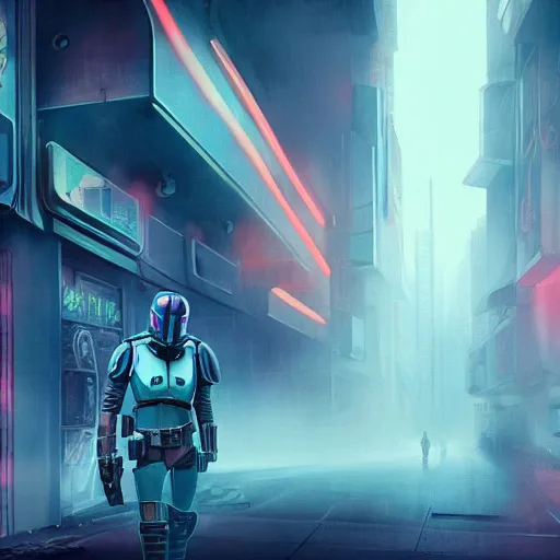 Prompt: Mandalorian, cyberpunk, neon, art station, fog, volumetric lighting, city, dark, gritty