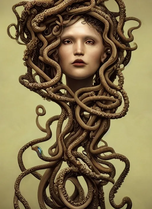 Prompt: medusa with tentacle hair, wooden art nouveau swirls, strong subsurface scattering, cables, tubes, subsurface scattering, in the style of james jean and tomasz alen kopera and giger, subsurface scattering, mystical colors, rim light, soft lighting, 8 k, stunning scene, raytracing, octane render, trending on artstation