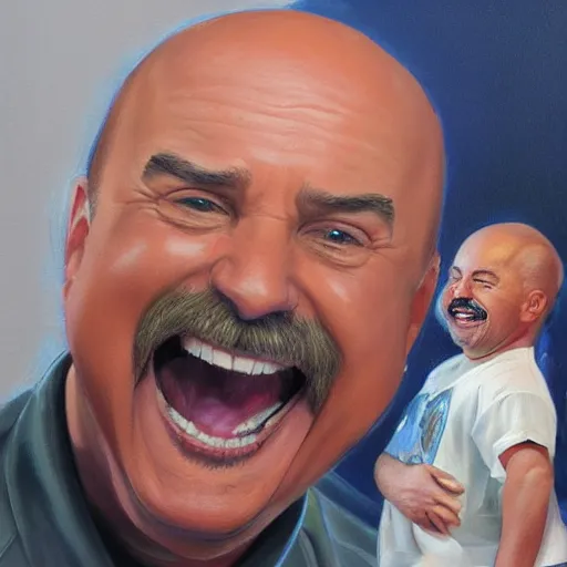 Image similar to highly detailed oil painting, concept art, dr phil laughing while kicking a sitting kid in the face, concept art, highly detailed