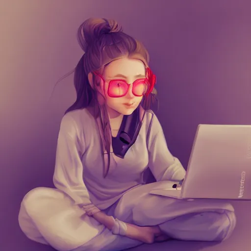 Image similar to girl in pyjamas working on computer, tired bags around eyes, digital art, drawing, artstation