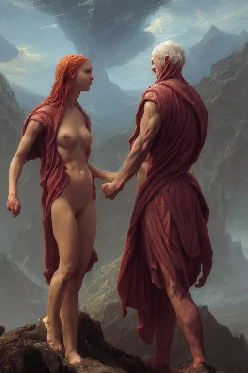 Prompt: young male and female, holding each other hands, by thomas cole and wayne barlowe, bodyshape by kyu yong eom, 8 k, high detail, fantasy art, dnd, artstation,