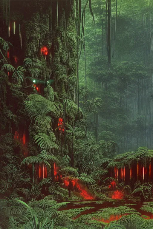 Image similar to emissary green endor jungle ( designated : ix 3 2 4 4 - a ) with small hooded figures with red eyes by arthur haas and bruce pennington and john schoenherr, cinematic matte painting, 8 k, dark color palate