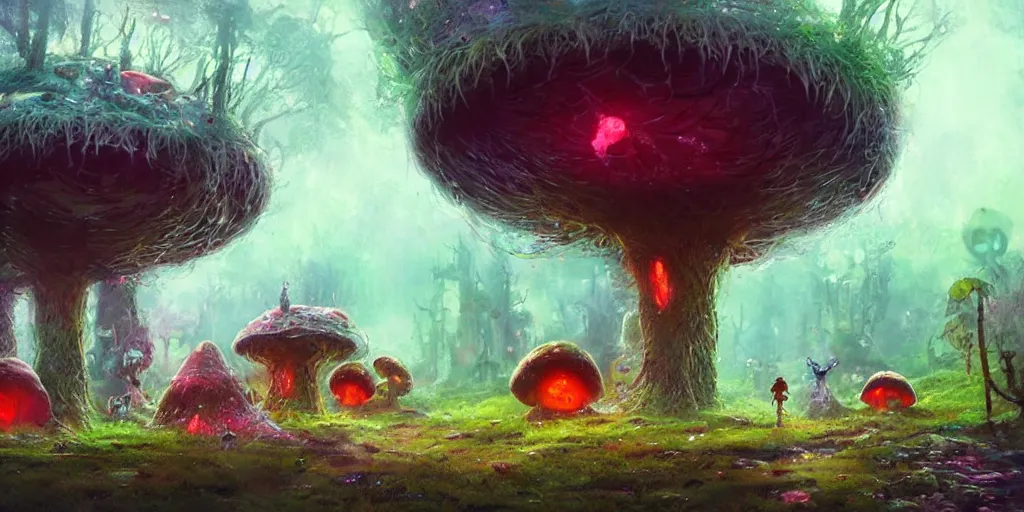 Image similar to ”cute furry creatures living in giant mushroom houses in a mysterious fantasy forest, [bioluminescense, rope bridges, art by wlop and paul lehr, cinematic, colorful]”