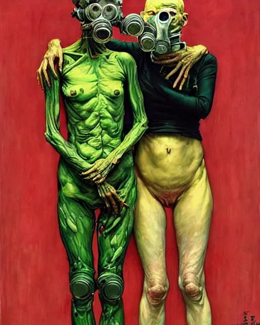 Image similar to two skinny old people with extra limbs, wearing gas masks and robes of gold, green and pink, cinematic, dystopian, eerie, horror, gothic, highly detailed painting by Jenny Saville, Esao Andrews, Francis Bacon, !!!Edward Hopper!!! surrealism, art by Takato Yamamoto and James Jean