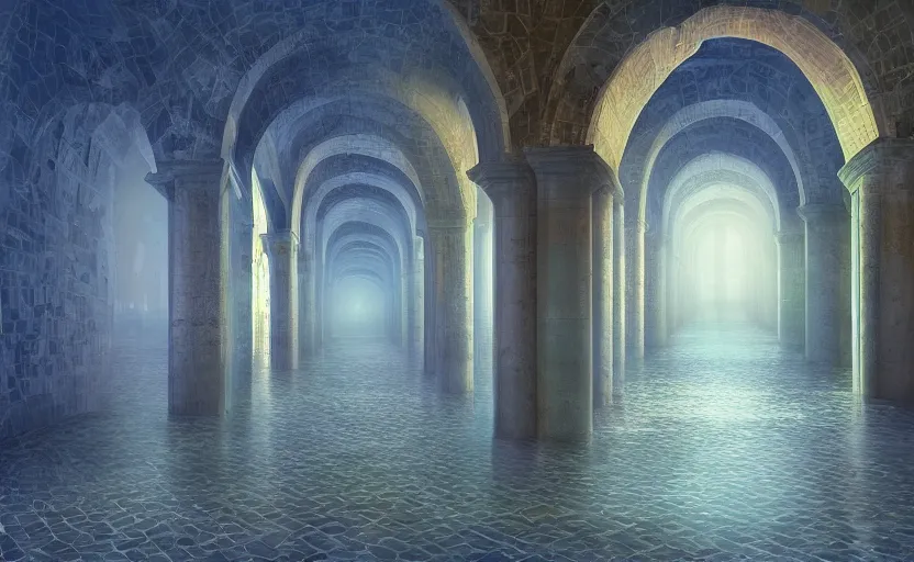 Prompt: tiled room squared waterway, aqueducts, fantasy. by konstantin razumov, fractal flame, chiaroscuro, highly detailded, volumetric lighting