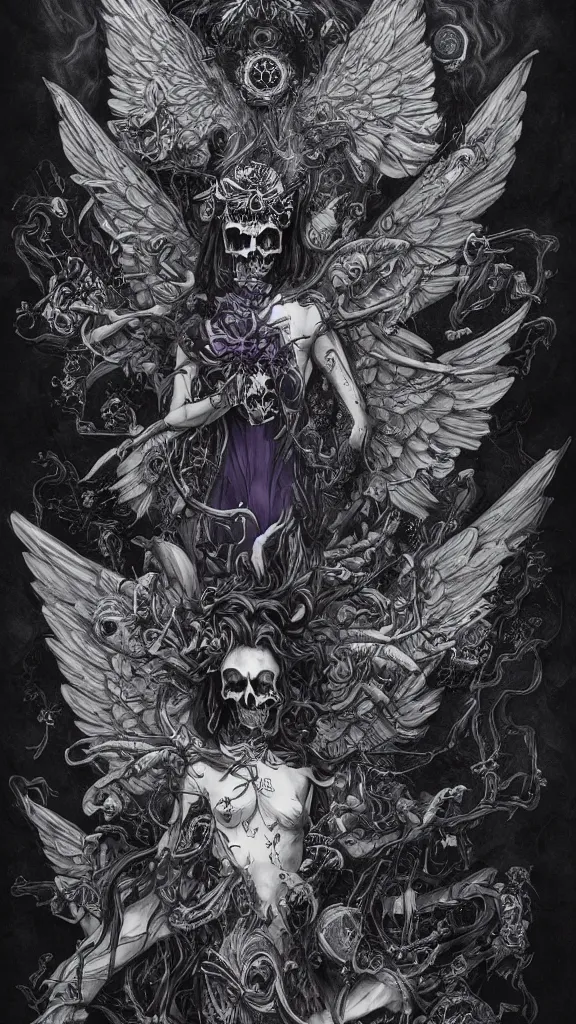 Image similar to dark aether, angel cannabis wings, skulls, dark THC atmosphere, detailed linework, black blue purple and white trychomes, cinematic, psychedelic, black hemp paper, ornate, symmetrical, tarot card, highly detailed, ink illustration, style of peter mohrbacher, golden ratio, 8k