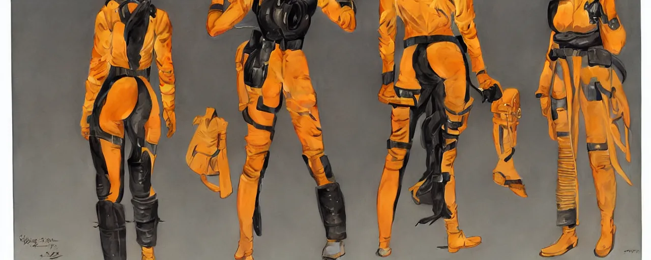 Image similar to character design, fashion reference sheet, gaunt, 70's jetfighter pilot girl, optimistic, dirty yellow and orange flight suit, scuffed exoskeleton in a dark hangar, concept art, photorealistic, hyperdetailed, 3d rendering!, studio lighting , art by Leyendecker! and syd mead,