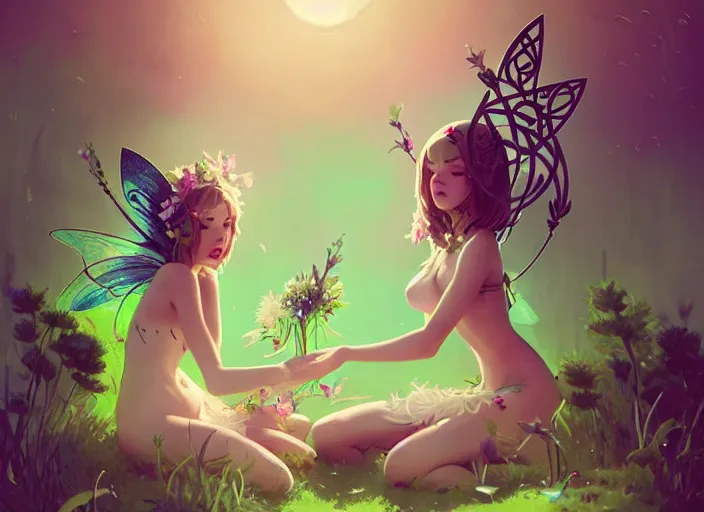 Image similar to two cute fairy girls playing with crown of flowers in plants bikini covered with celtic rune tattoos, fantasy, by atey ghailan, by greg rutkowski, by greg tocchini, by james gilleard, by joe gb fenton, by in kaethe butcher, dynamic lighting, gradient light green, brown, blonde cream and white color in scheme, grunge aesthetic