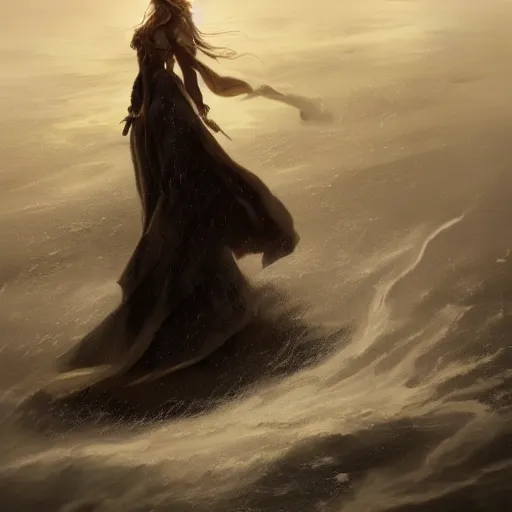 Prompt: concept art, facing the back of a woman standing alone in the middle of a sea storm, wearing a dress, thunderstom, lightning, rain, medieval, dark concept art, painting by wlop, nixeu and greg rutkowski, beautiful, semirealism, artstation, octane render, sharpness, 8 k, golden ratio