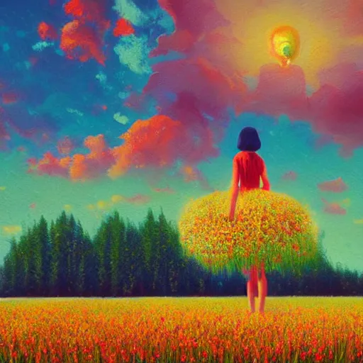 Prompt: gigantic flower head, girl standing in flower field, surreal photography, big trees, sunrise dramatic light, impressionist painting, colorful clouds, digital painting, pointillism, artstation, simon stalenhag