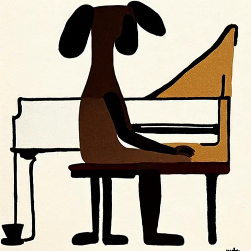 Prompt: a brown spaniel with a white chest , sat down playing a grand piano.modern. book illustration, lighting, sketched. Artwork. Jean Jullien dtyle