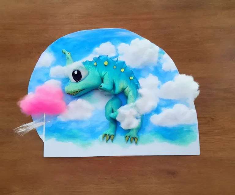 Image similar to a cute little dinosaur, water painting, cotton candy, fluffy clouds