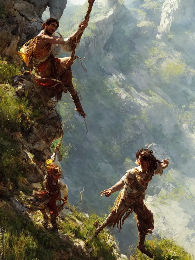 Image similar to oil art close - up view of one single young roma mage adventurer climbing down a cliffside in style of disco elysium character, gipsy jester character design from ravenloft, art by anders zorn, wonderful masterpiece by greg rutkowski, beautiful cinematic light, american romanticism by greg manchess, jessica rossier