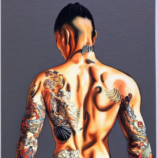 Prompt: detailed details photorealistic yakuza shirtless with their back full of traditional japan tatto in the style of bob peak and alex ross, gouache and wash paints color, detailed details facial and body and human and environments and proportionate, detailed 5 k details.