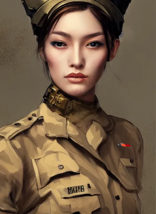 Image similar to female soldier portrait painting by WLOP, game, expensive dress, highly detailed, harper's bazaar, vogue, magazine, fashion, concept art, ornate, luxury, elite, elegant, trending on artstation ,