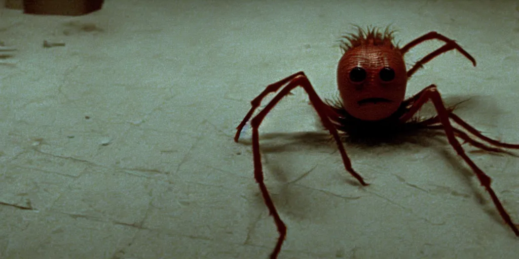 Image similar to filmic extreme closeup dutch angle movie still 4k UHD interior 35mm film color photograph of a detached human head with spider legs protruding out of it crawling acrosss he floor, in the style of a horror film The Thing 1982