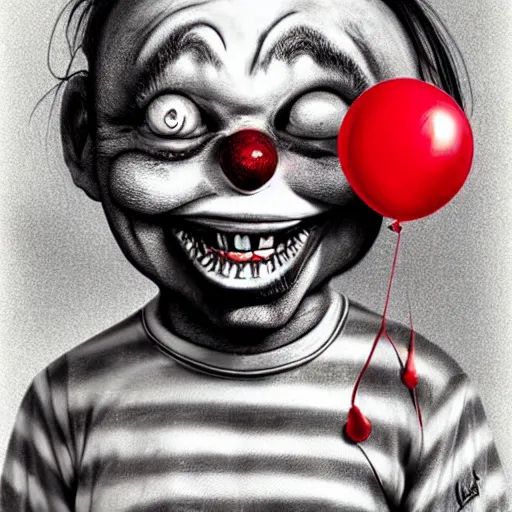 Prompt: surrealism grunge cartoon portrait sketch of clown with a wide smile and a red balloon by - michael karcz, loony toons style, chucky style, horror theme, detailed, elegant, intricate