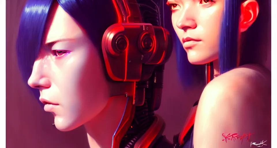 Image similar to potrait of a cyborg cyberpunk girl, fine - face, realistic shaded perfect face, fine details. starlight, realistic shaded lighting poster by ilya kuvshinov katsuhiro otomo ghost - in - the - shell, magali villeneuve, artgerm, jeremy lipkin and michael garmash, rob rey and kentaro miura style, trending on art station