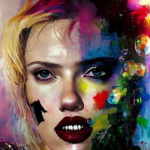 Image similar to scarlett johansson as delirium from sandman, ( hallucinating colorful soap bubbles ), by jeremy mann, by sandra chevrier, by dave mckean and richard avedon and maciej kuciara, punk rock, tank girl, high detailed, 8 k