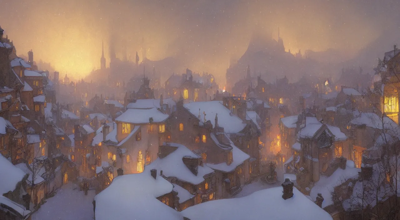 Prompt: A beautiful landscape painting of a small village in the snow at night with smoke rising from the chimneys by Alfons Maria Mucha and Julie Dillon and Makoto Shinkai