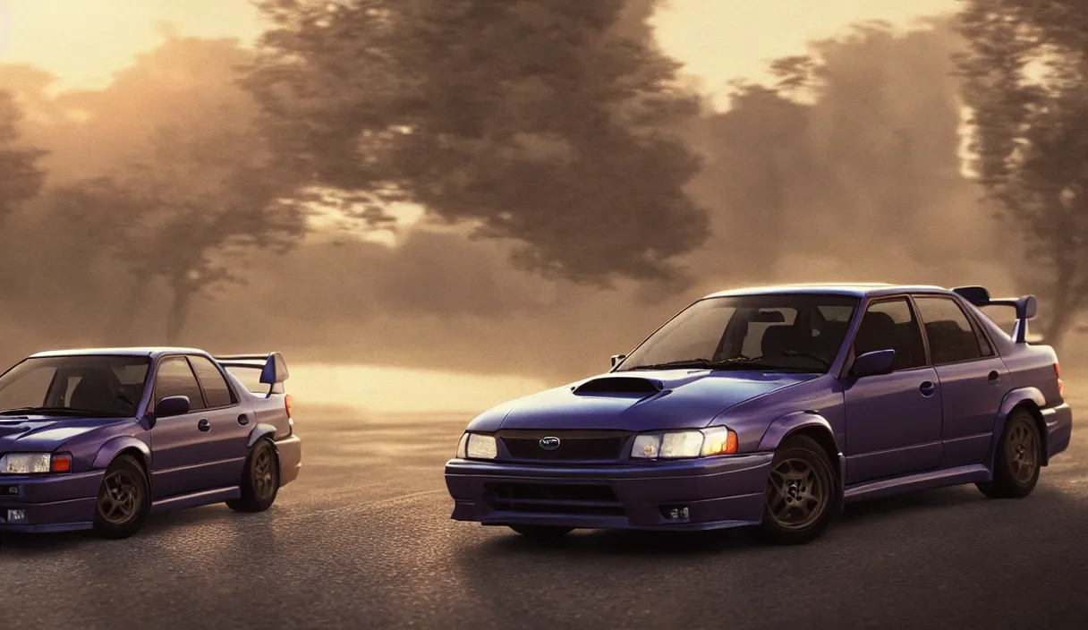Prompt: detailed intricate digital landscape illustration by greg rutkowski and artgerm and wlop and sanford robinson gifford ; 1 9 9 4 subaru wrx sti driving in a beautiful windy city with bright headlights ; 5 0 mm film still, arri alfa anamorphic lens ; sharp focus, quentin tarantino compostion and lighting ; trending on artstation 4 k