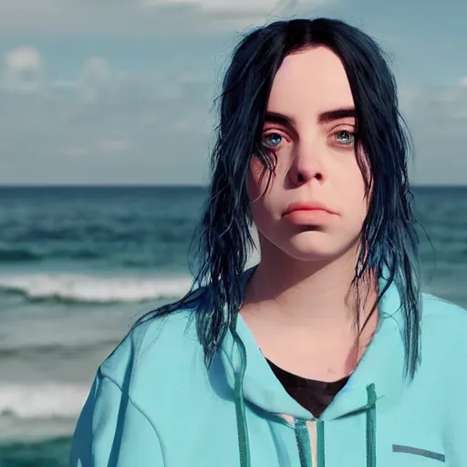 Image similar to billie eilish at the beach 4 k detailed super realistic