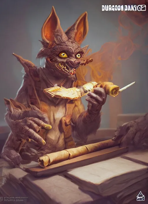 Image similar to dungeons & dragons illustration of furry goblin smoking a cigar, character portrait, unreal engine, hyper realism, realistic shading, cinematic composition, realistic render, octane render, detailed textures, photorealistic, wide shot