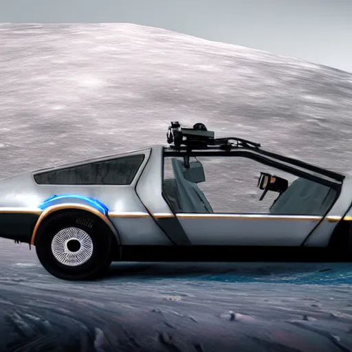 Image similar to digital art, trending on artstation, a delorean on the moon ground with views of the earth in the background