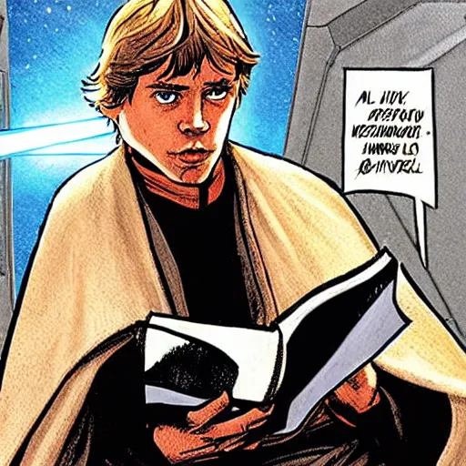 Image similar to luke skywalker reading a Bible, Star Wars comic book art