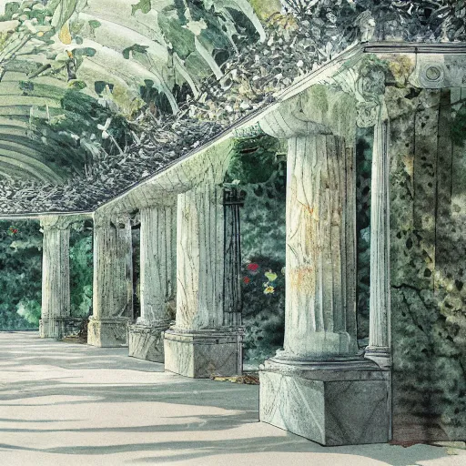 Image similar to delicate marble garden on paper floating puffy vines botanical 1 9 2 0 herbarium botanic watercolors coastline iridescent 8 k wide angle realistic shaded fine details, artstation italian rainbow colonnade oak pinecone gardena architecture pompeii boundary wall