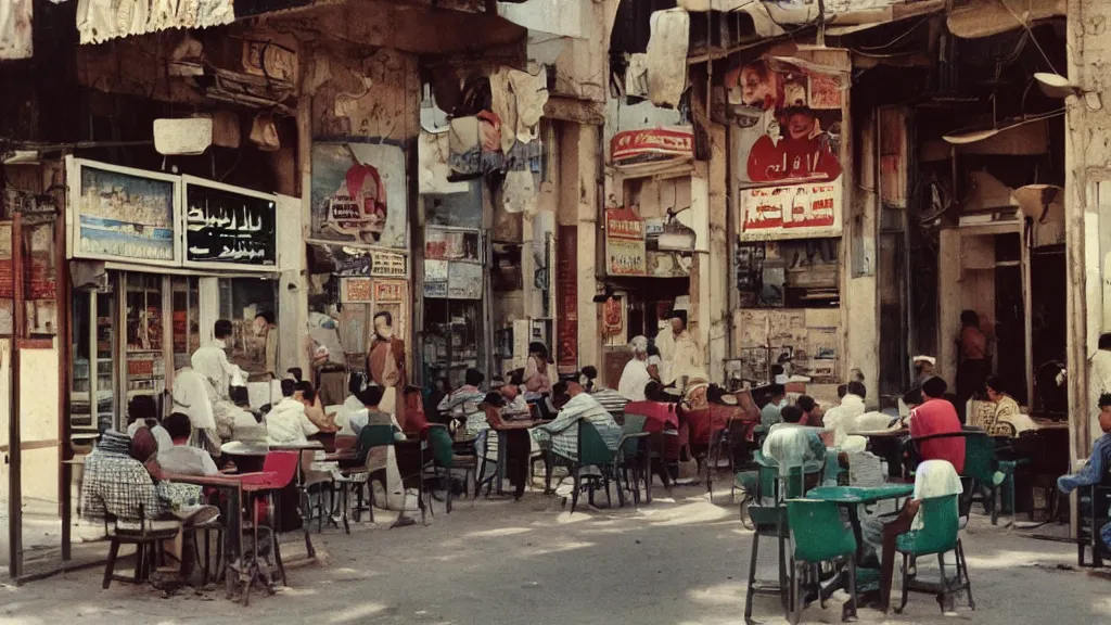 Image similar to colour photograph of a cafe in central baghdad in the 1 9 6 0 s + fujifilm