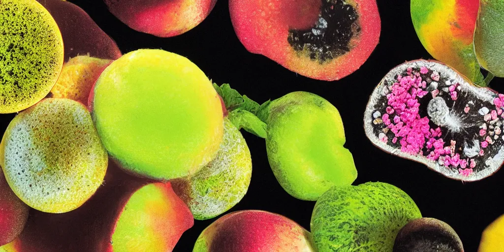 Image similar to spores and mold on a colorful fruit, ultra realistic with black background. shiny. photograph 50mm. medium format. isometric. volume. global illumination. bloom