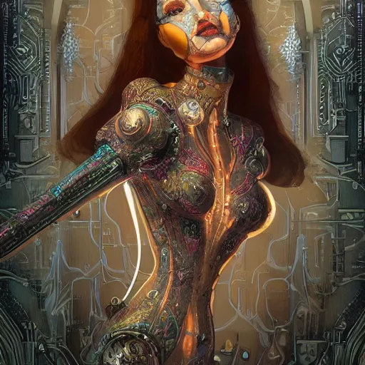 Image similar to the portrait of an absurdly graceful, sophisticated, fashionable ottomanpunk robotess idol, an ultrafine hyperdetailed illustration by kim jisu, intricate linework, neon wiring, porcelain skin, unreal engine 5 highly rendered, global illumination, radiant light, detailed and intricate environment, by rutkowski, artgerm, marvel comics