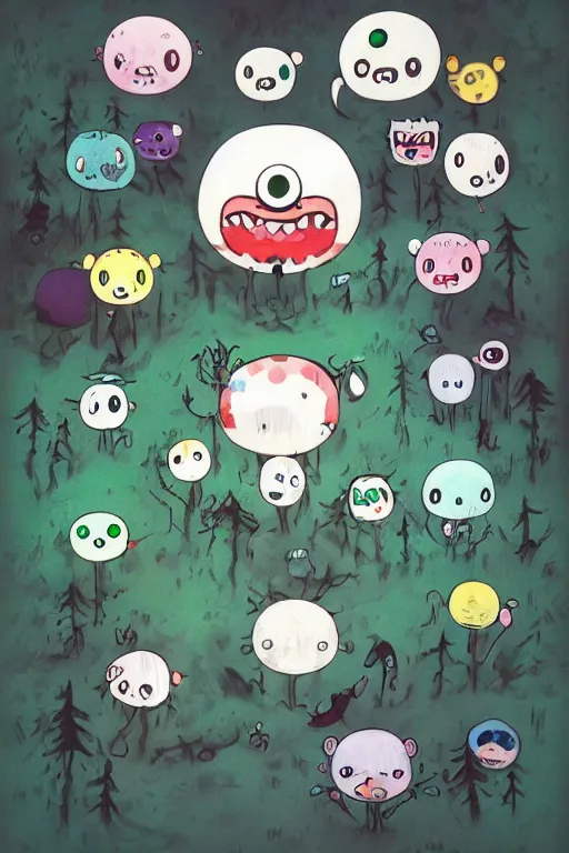 Image similar to A cute little monster in a misty forest art style by Takashi Murakami, Trending on artstation, artstationHD, artstationHQ, 4k, 8k